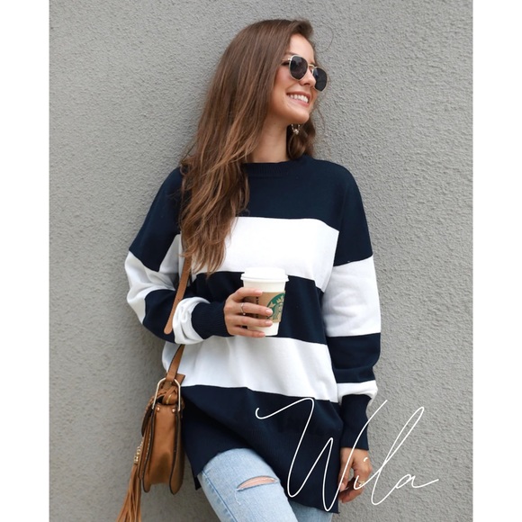 WILA Sweaters - Oversized striped knit sweater navy white 811426